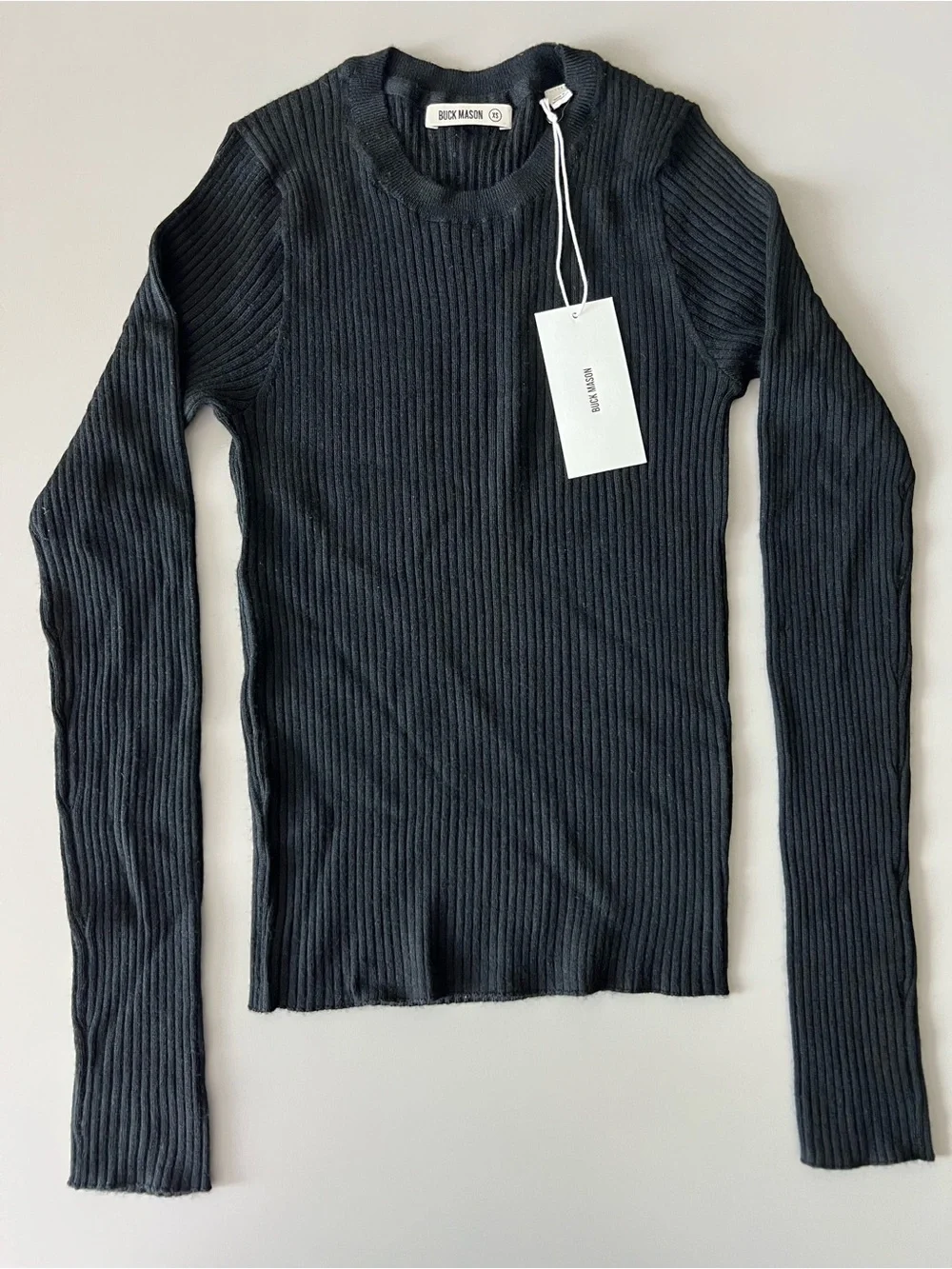 New Buck Mason Black  Featherweight Silk Cashmere L/S Crew Sweater Size XS